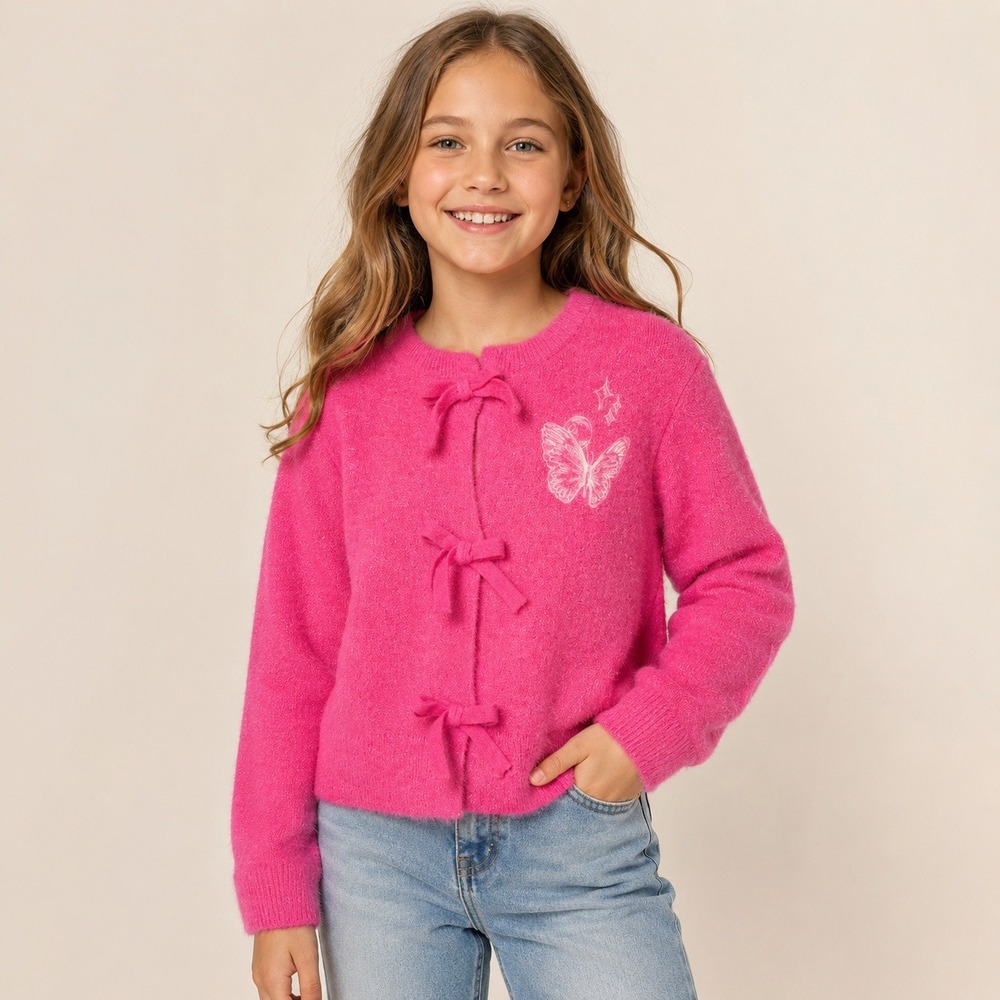 Wicked‎ Katie Kime Girls 10 12 Pink Fuzzy Bow Cardigan Butterfly Sweater
